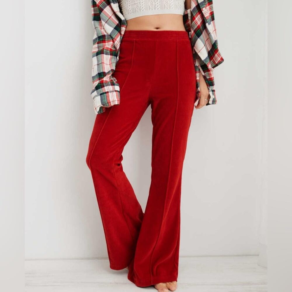 Aerie Groove On Velour High Waisted Flare Pants Red Small